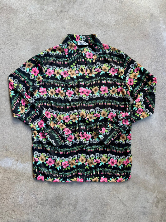 Vintage 1970s Kmart Floral Print Polyester Knit Button-Up Shirt | 36