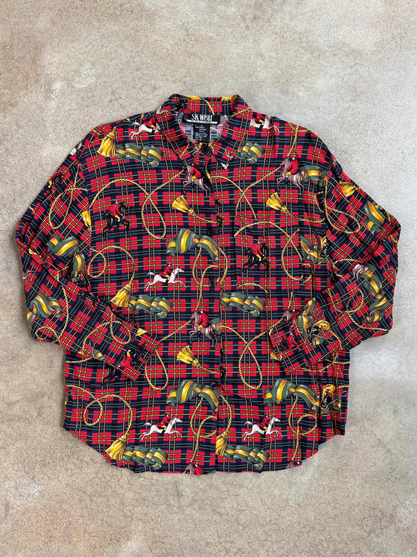Vintage 1980s SK Wear Red Tartan Equestrian Print Two-Piece Skirt Suit | Large