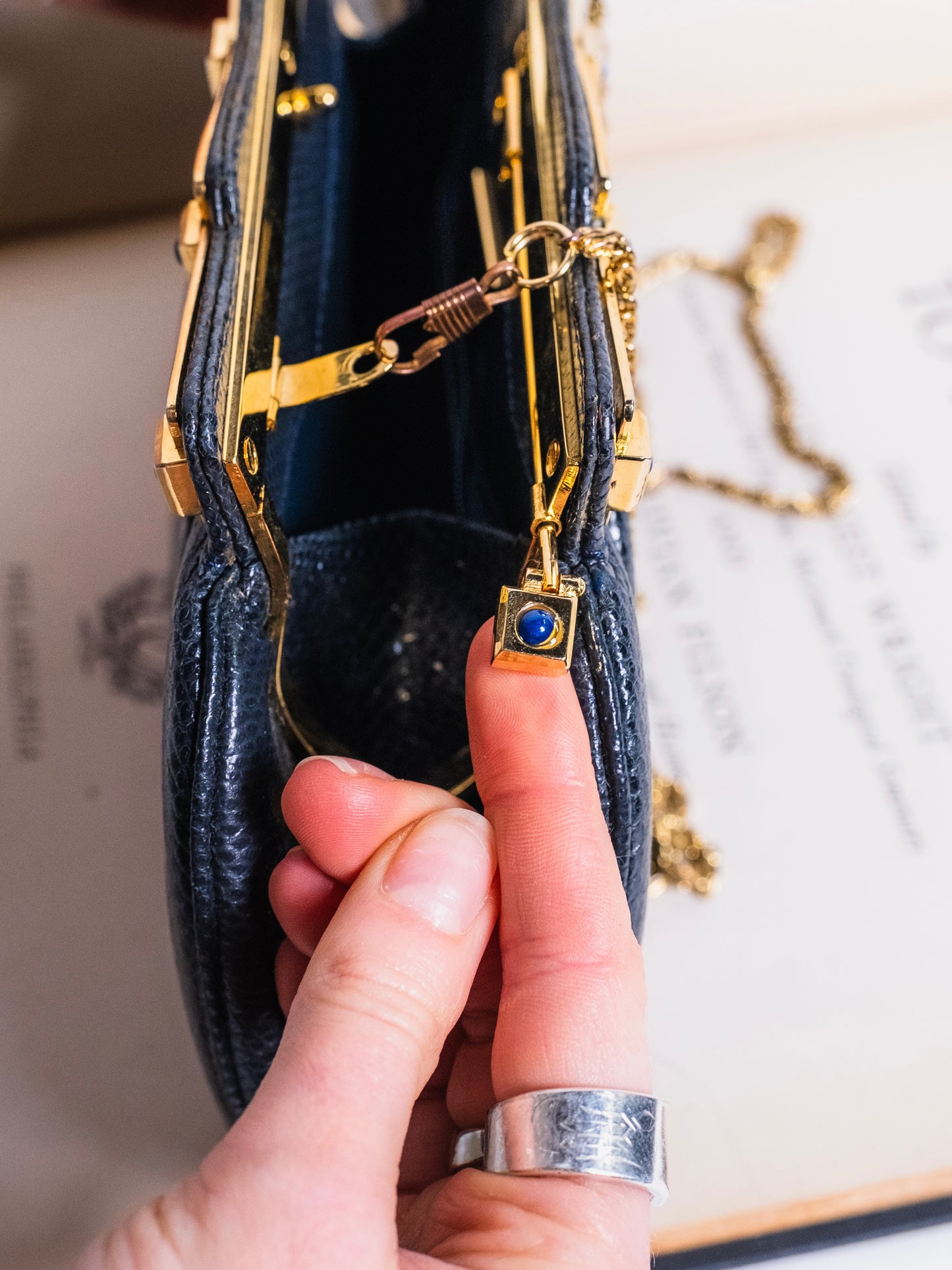 Vintage 1980s Ashneil Navy & Gold Accent Clutch Evening Bag