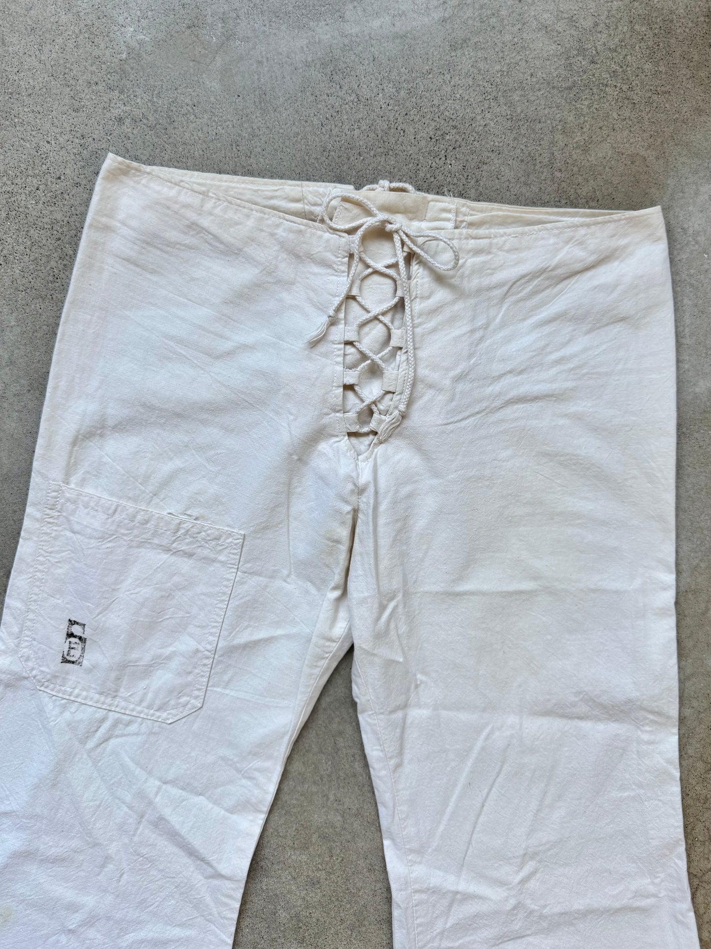 Vintage 1970s Philippe Salvet French Cotton Lace-Up Bell Bottom Pants | S/M