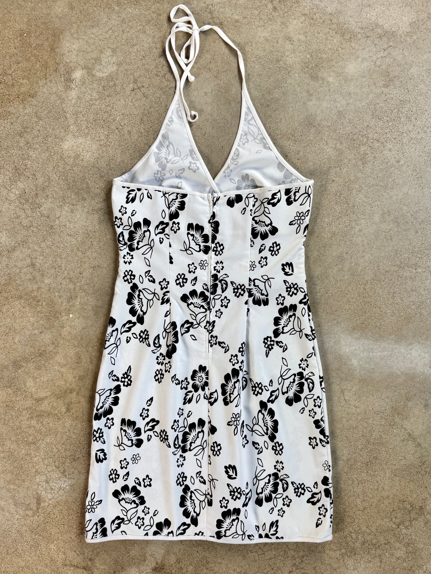 Vintage 1990s City Triangles Black & White Floral Halter Dress | S/M