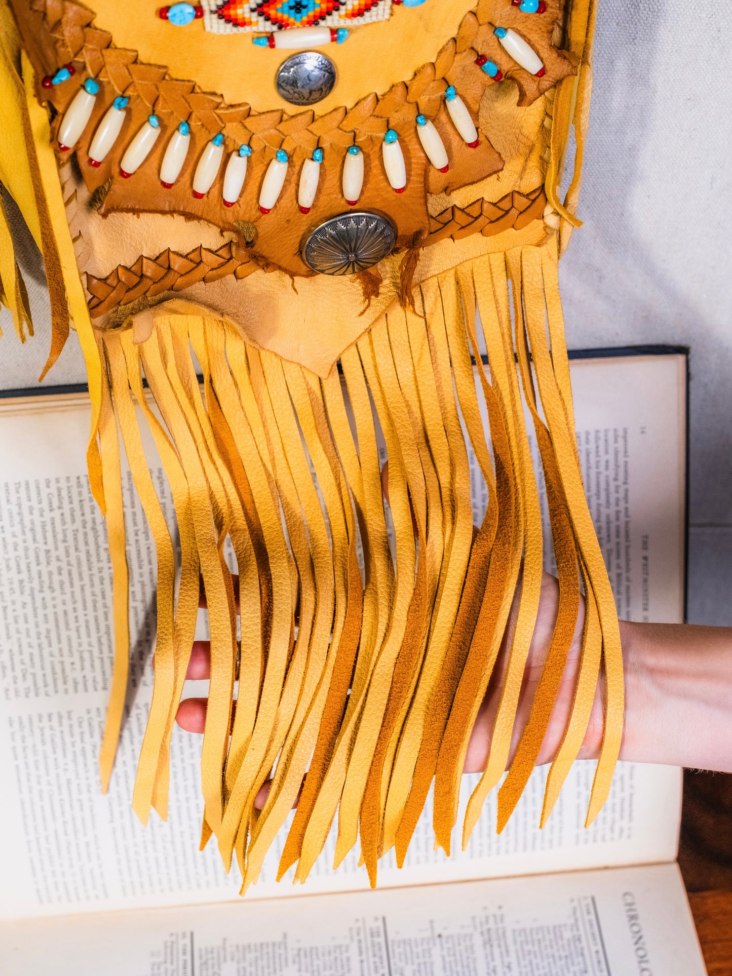 Vintage 1980s Handmade Native American Beaded Deerskin Fringe Satchel Bag