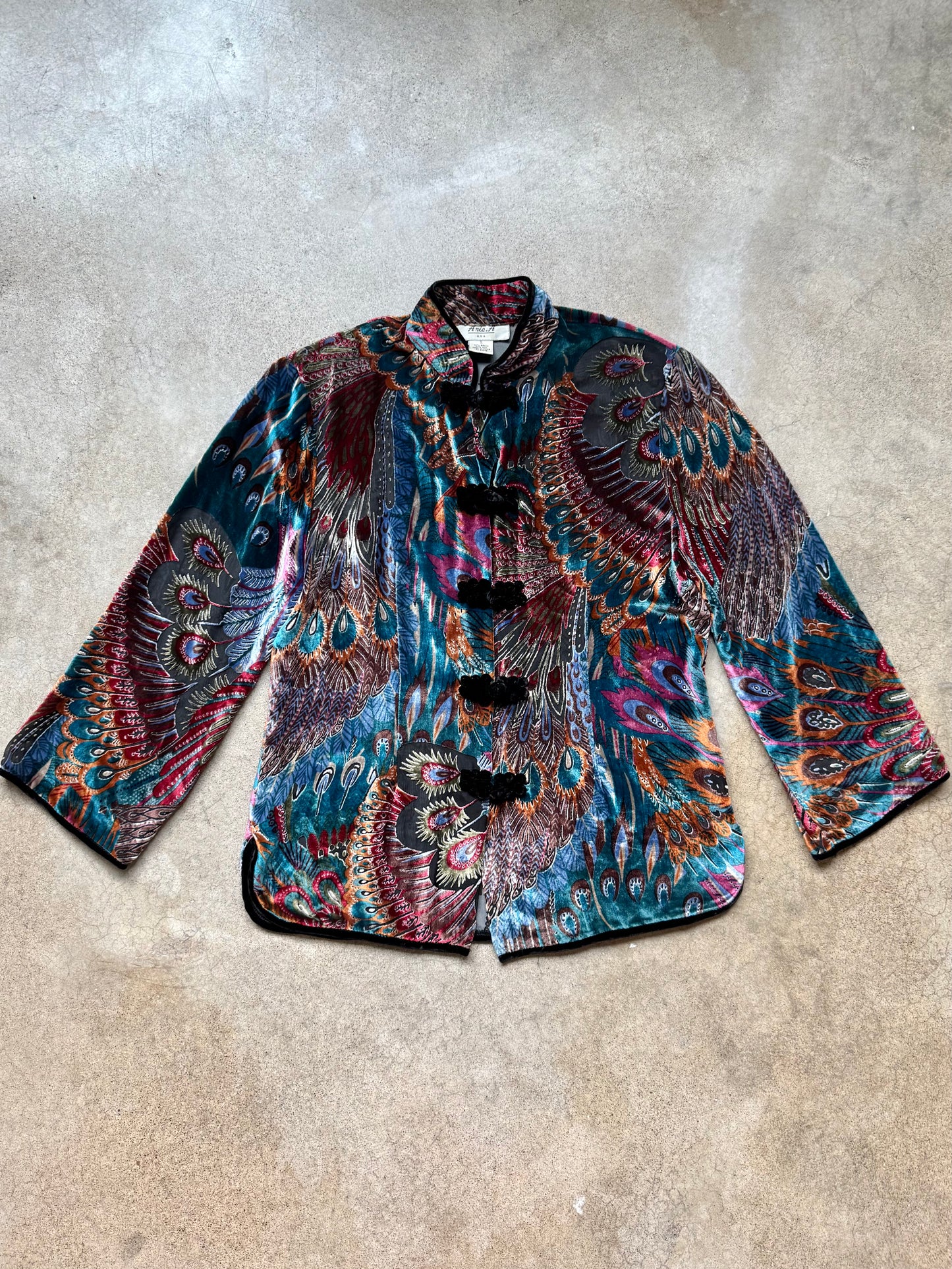 Vintage 1990s Aris A. Peacock Feather Velvet Burnout Silk-Blend Blouse | Small