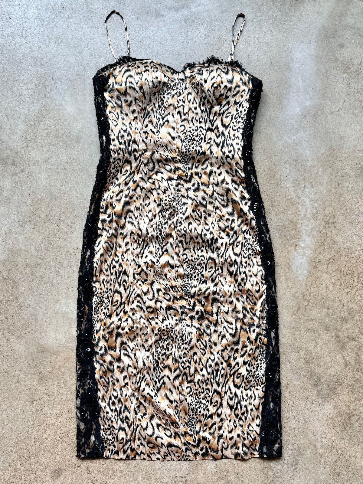 Vintage 1990s Dolce Jovani Leopard Print Satin Beaded Lace Trim Cocktail Dress | Small