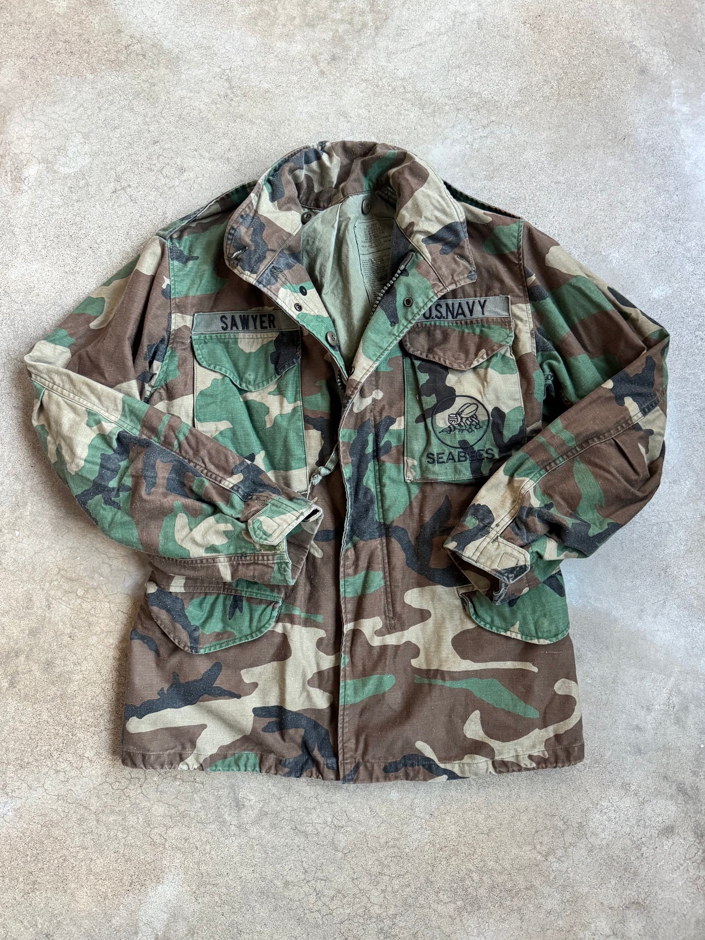 Vintage 1980s Military Issue U.S. Navy "Seabees" Camouflage Field Jacket | Small