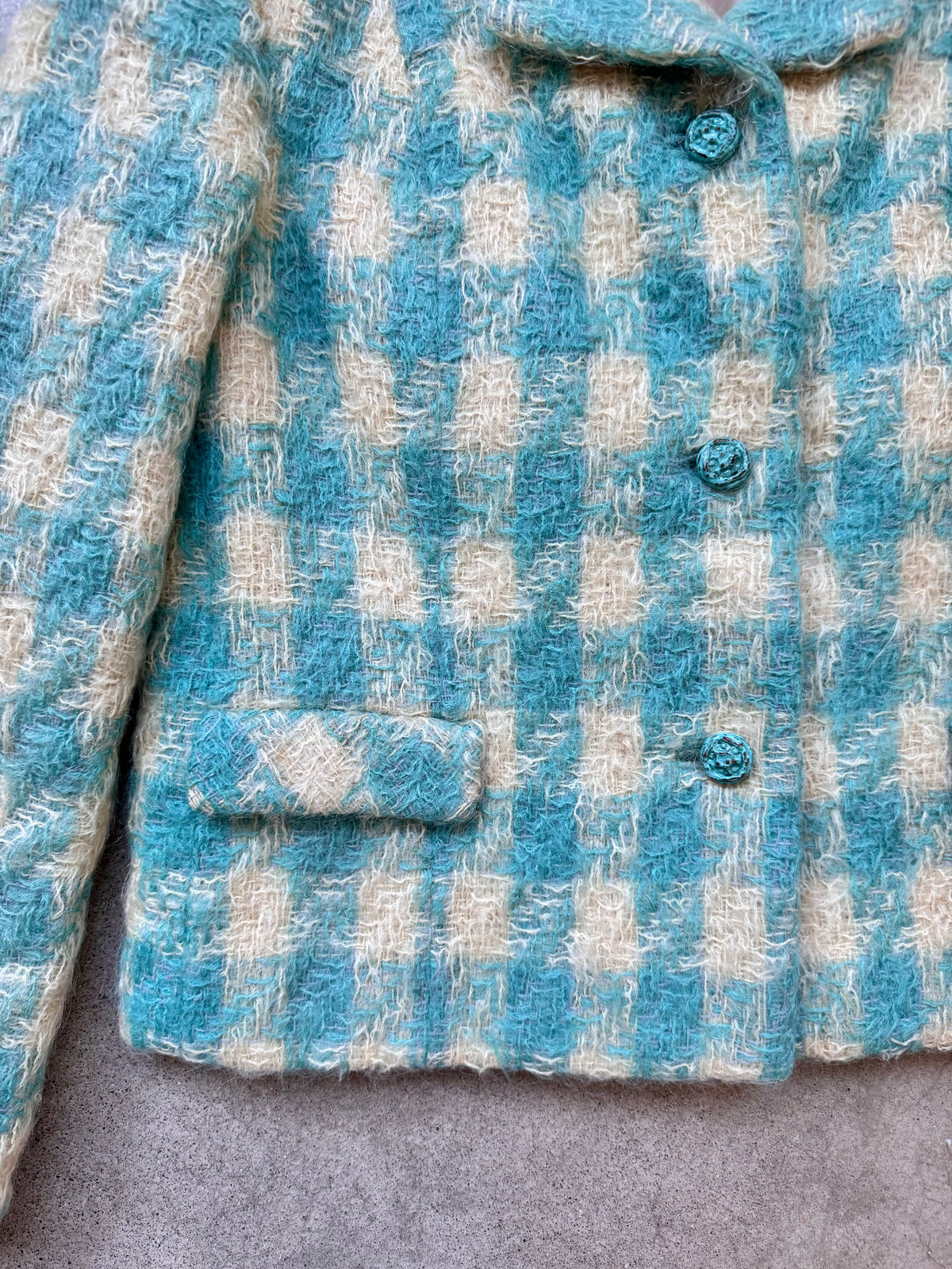 Vintage 1960s Blue & Cream Plaid Mohair-Blend Tweed Jacket | Small