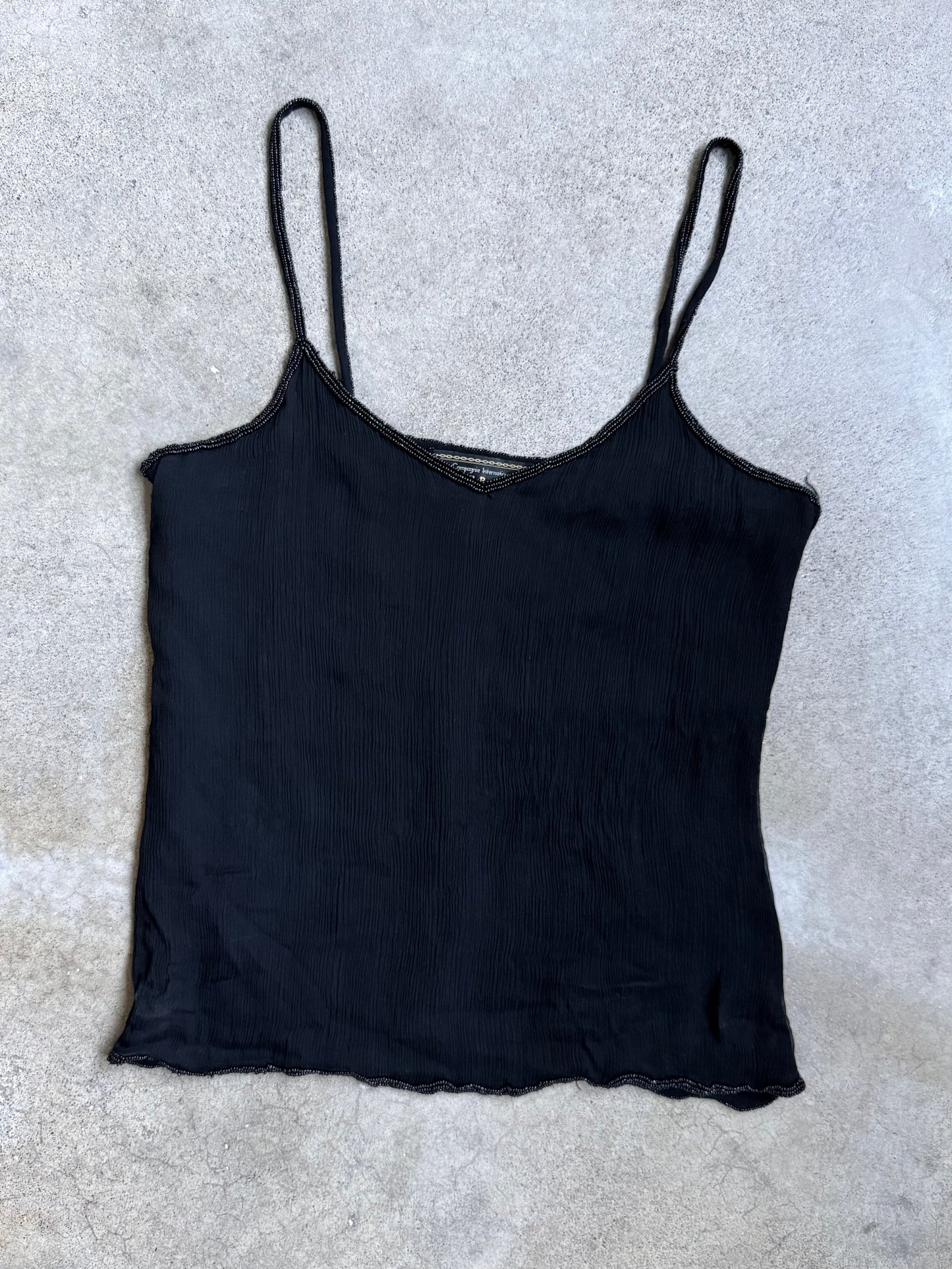 Vintage 1990s Express Black Beaded Trim Silk Tank Top | Small