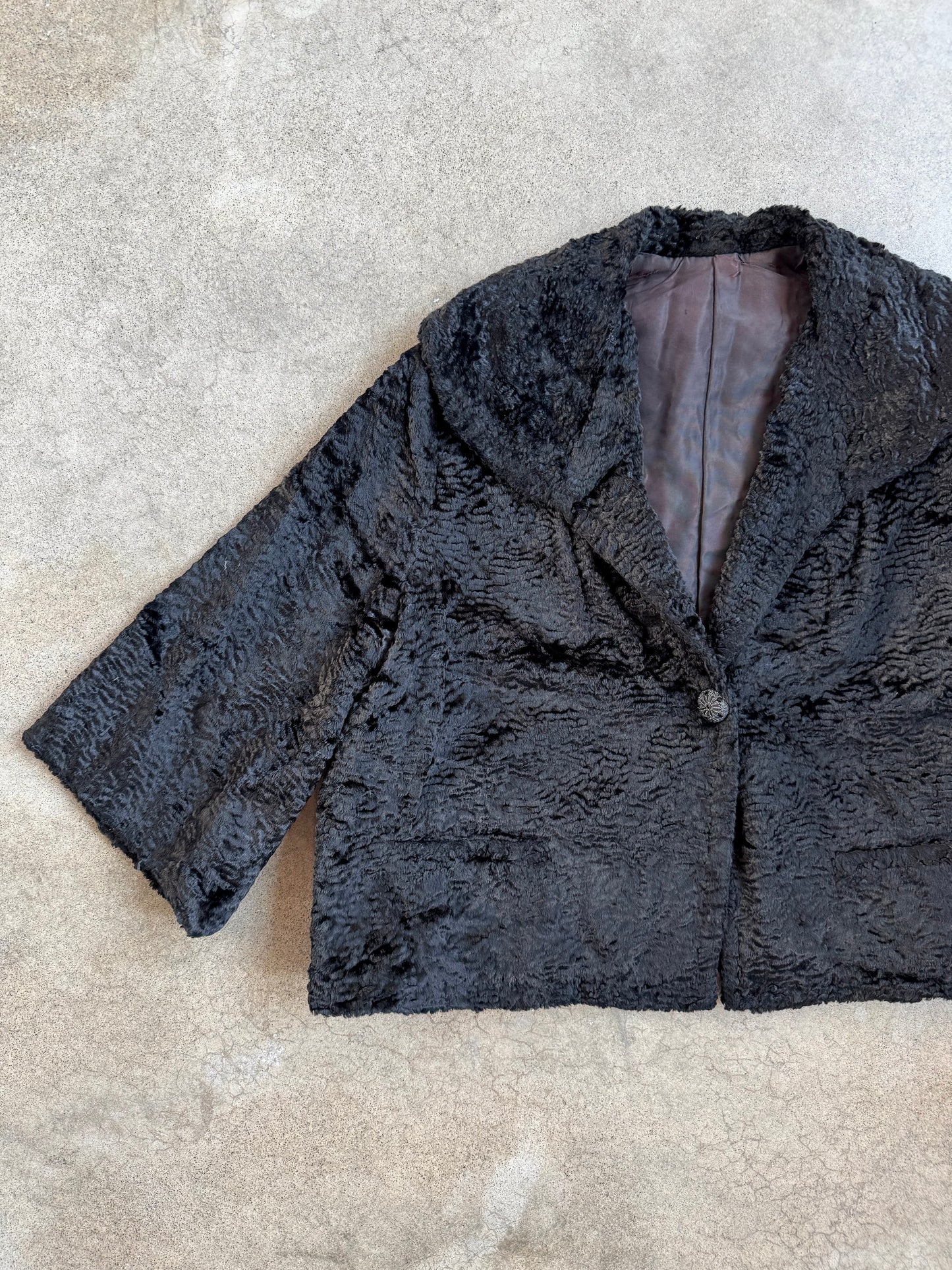 Vintage 1950s Black Persian Curly Wool Cropped Swing Jacket | Large