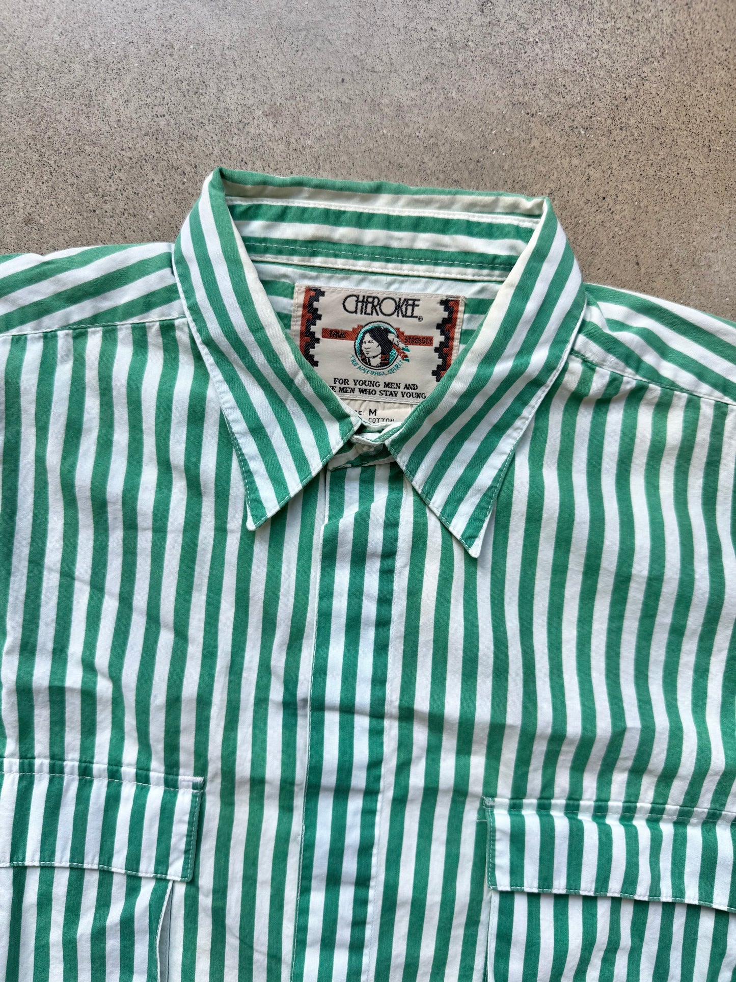 Vintage 1980s Cherokee Green & White Striped Utility Shirt | Medium