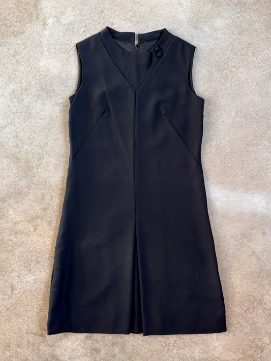 Vintage 1960s Sears Mod Black High-Neck Pleated Shift Dress | S/M