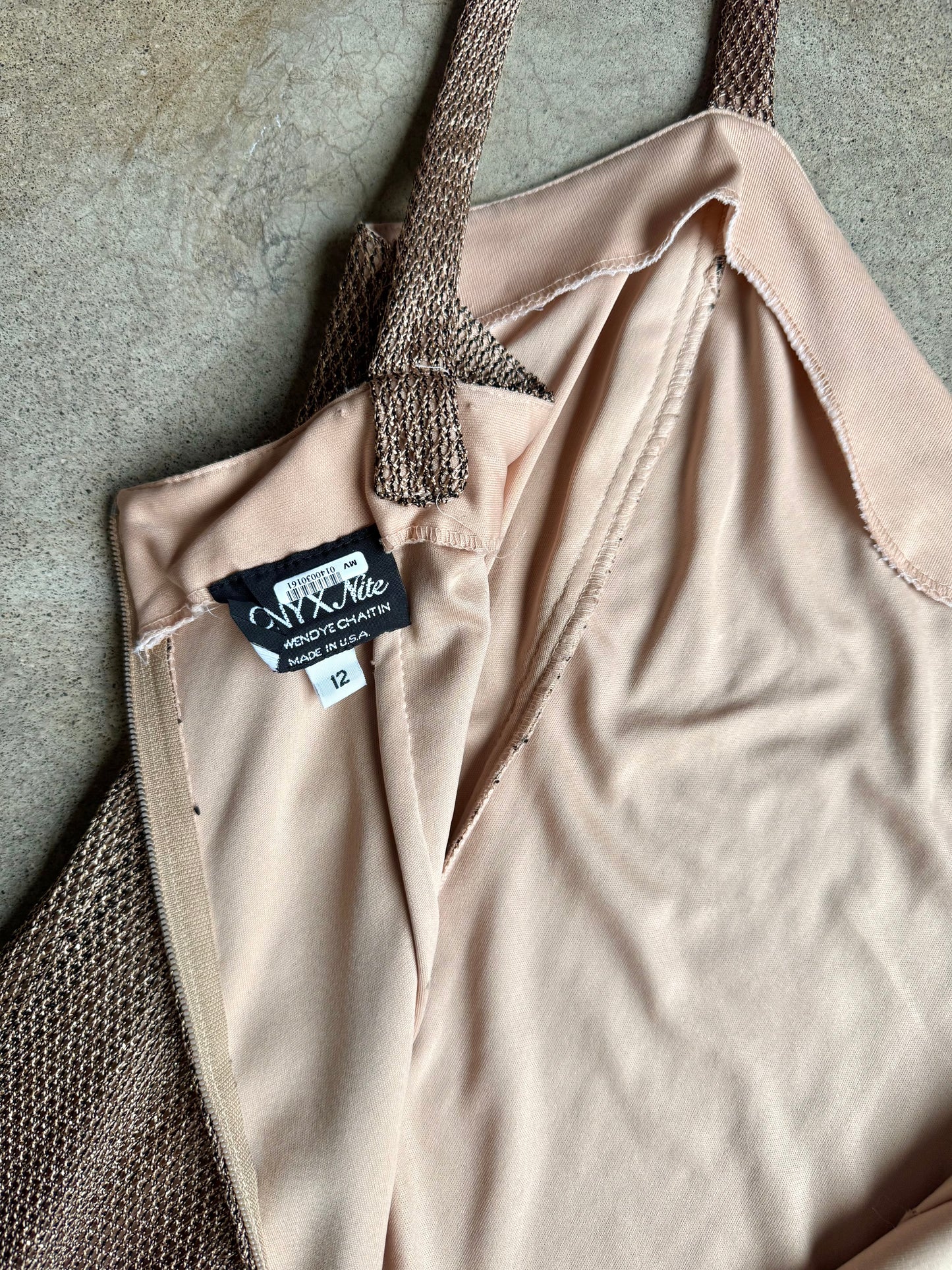 Vintage 1990s Onyx Nite Gold Metallic Side Slit Evening Gown | M/L