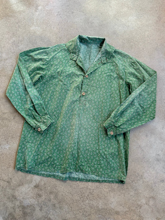 Vintage 1960s Handmade Green Floral Half Button Collared Shirt | Large