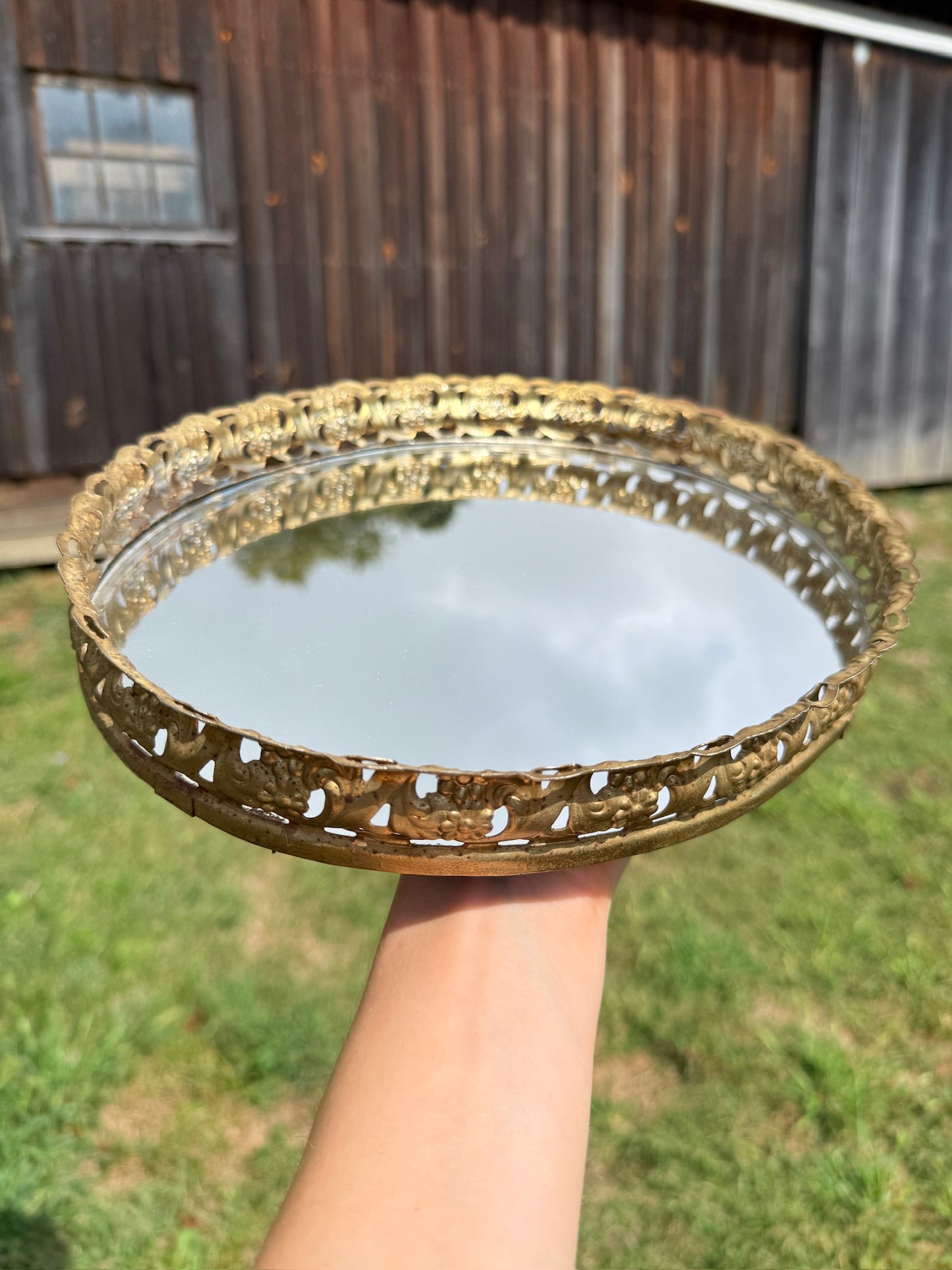 Vintage 1950s Brass Filigree Mirrored Vanity Tray