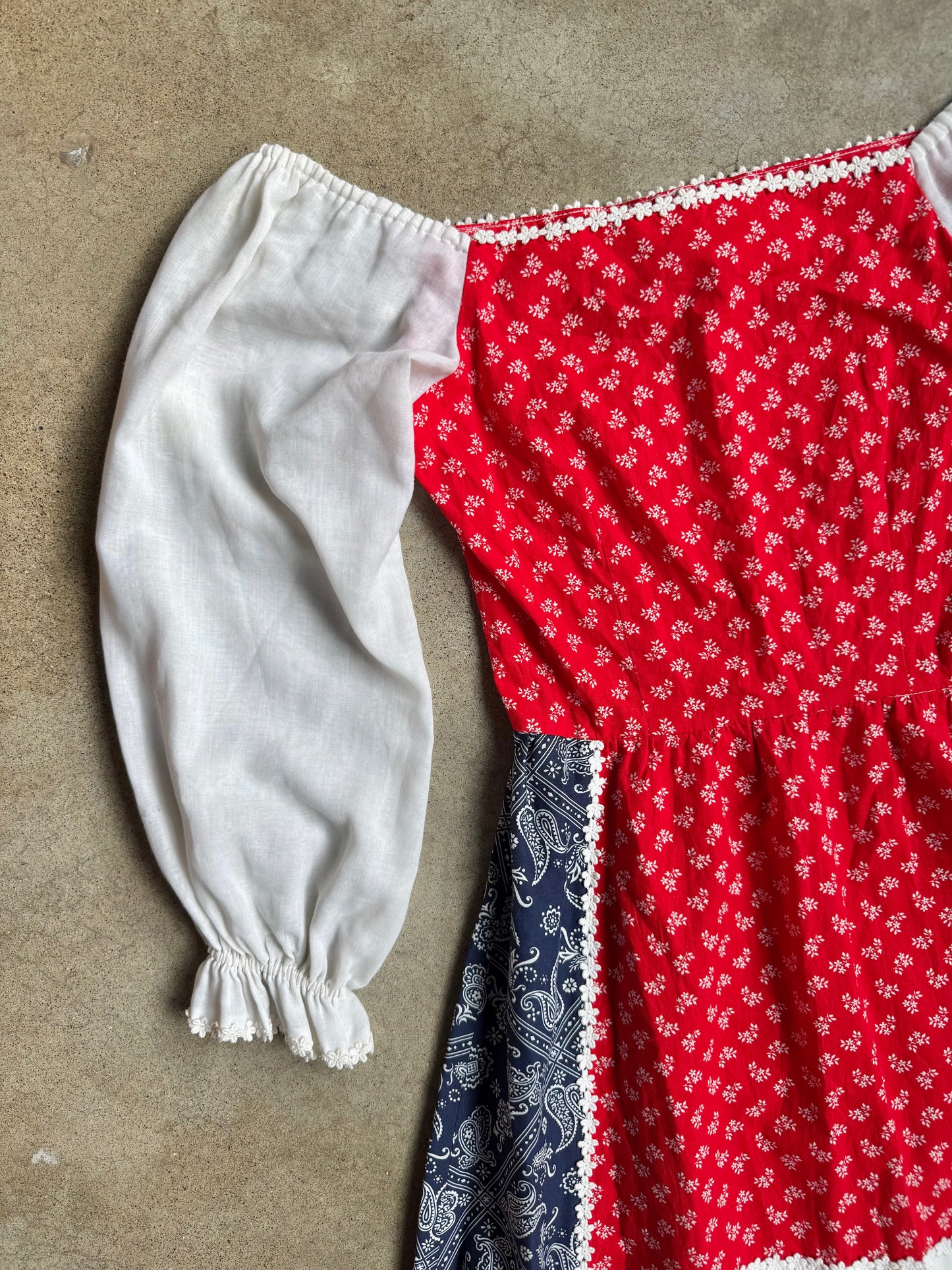 Vintage 1970s Herman Marcus Red & Blue Bandana Floral Prairie Dress | Small