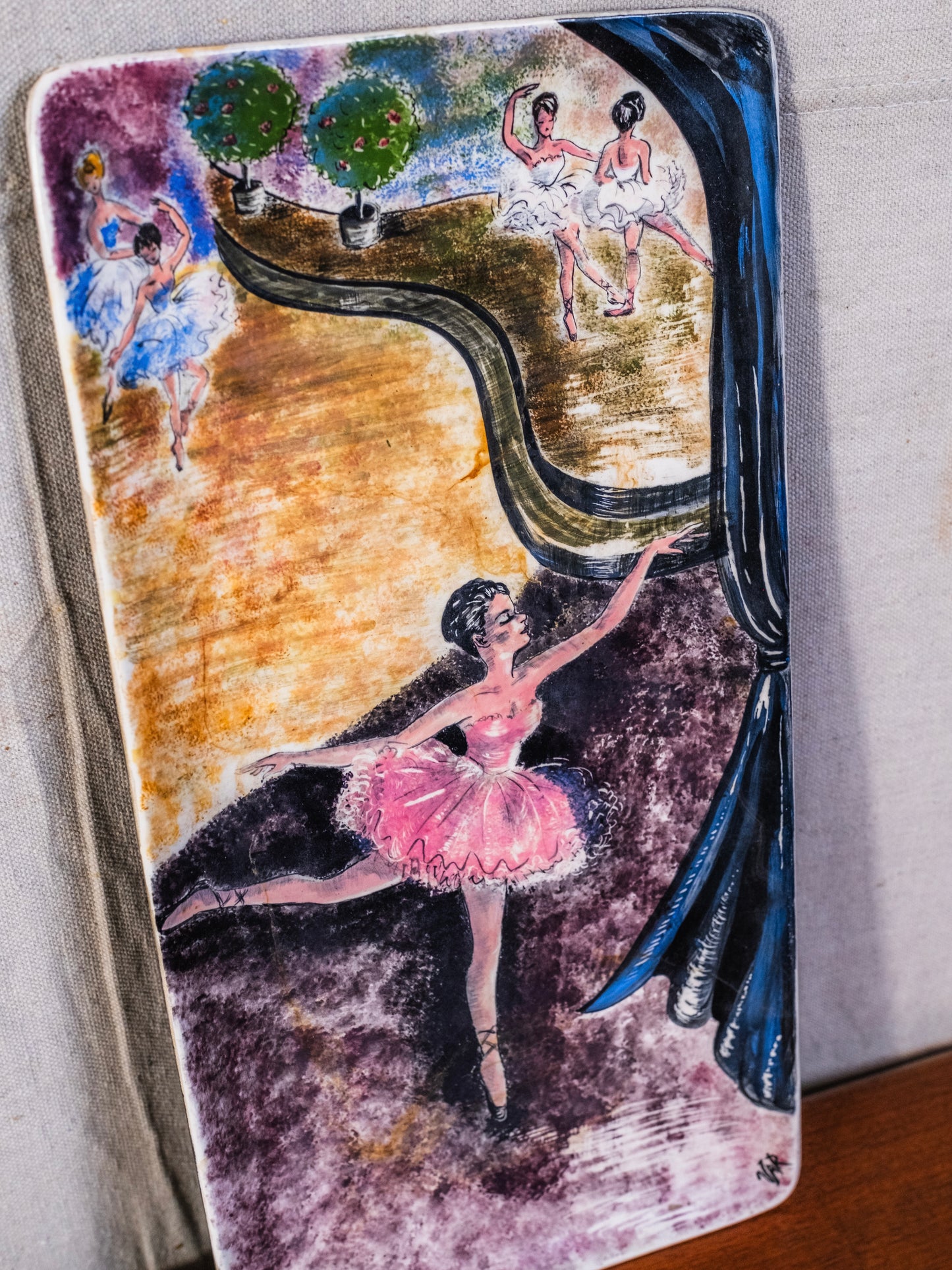 Vintage 1960s Handmade & Signed "Dancing Ballerina" Ceramic Dish / Wall Tray