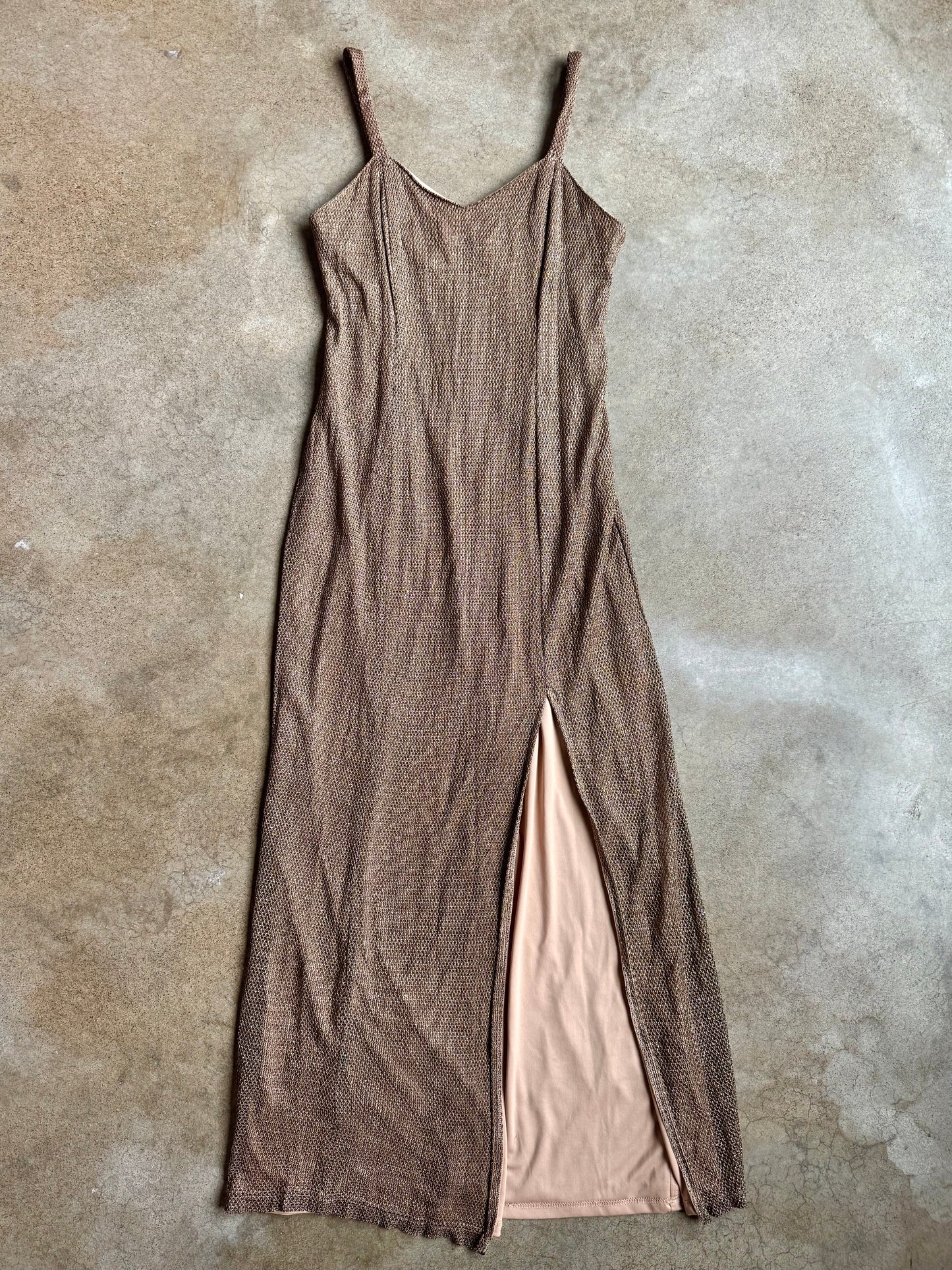 Vintage 1990s Onyx Nite Gold Metallic Side Slit Evening Gown | M/L