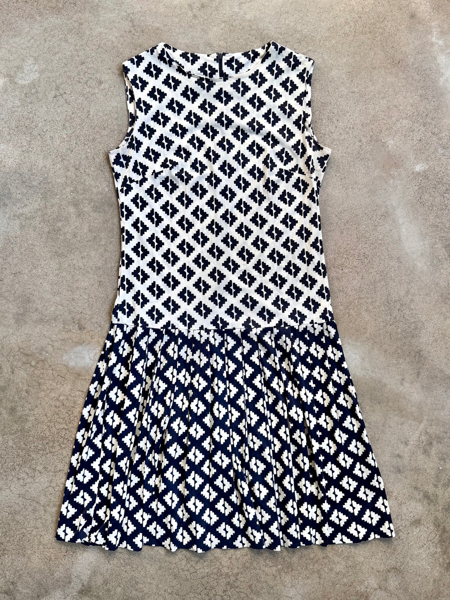 Vintage 1960s Andrea Gayle Blue & White Geometric Pattern Drop Waist Dress | S/M