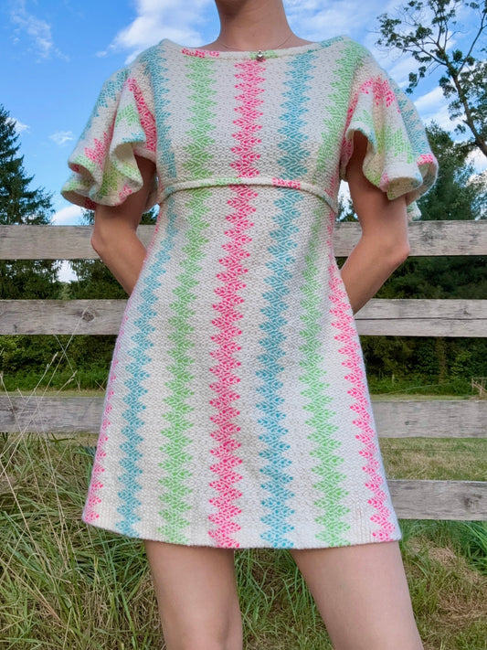 Vintage 1960s/70s Vicky Vaughn Princess Sleeve Multi-Color Knit Mini Dress | Small