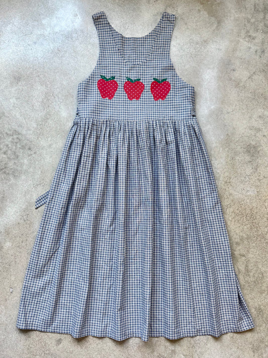 Vintage Handmade Blue Plaid Fruit Appliqué Tie-Back Pinafore Dress | Large