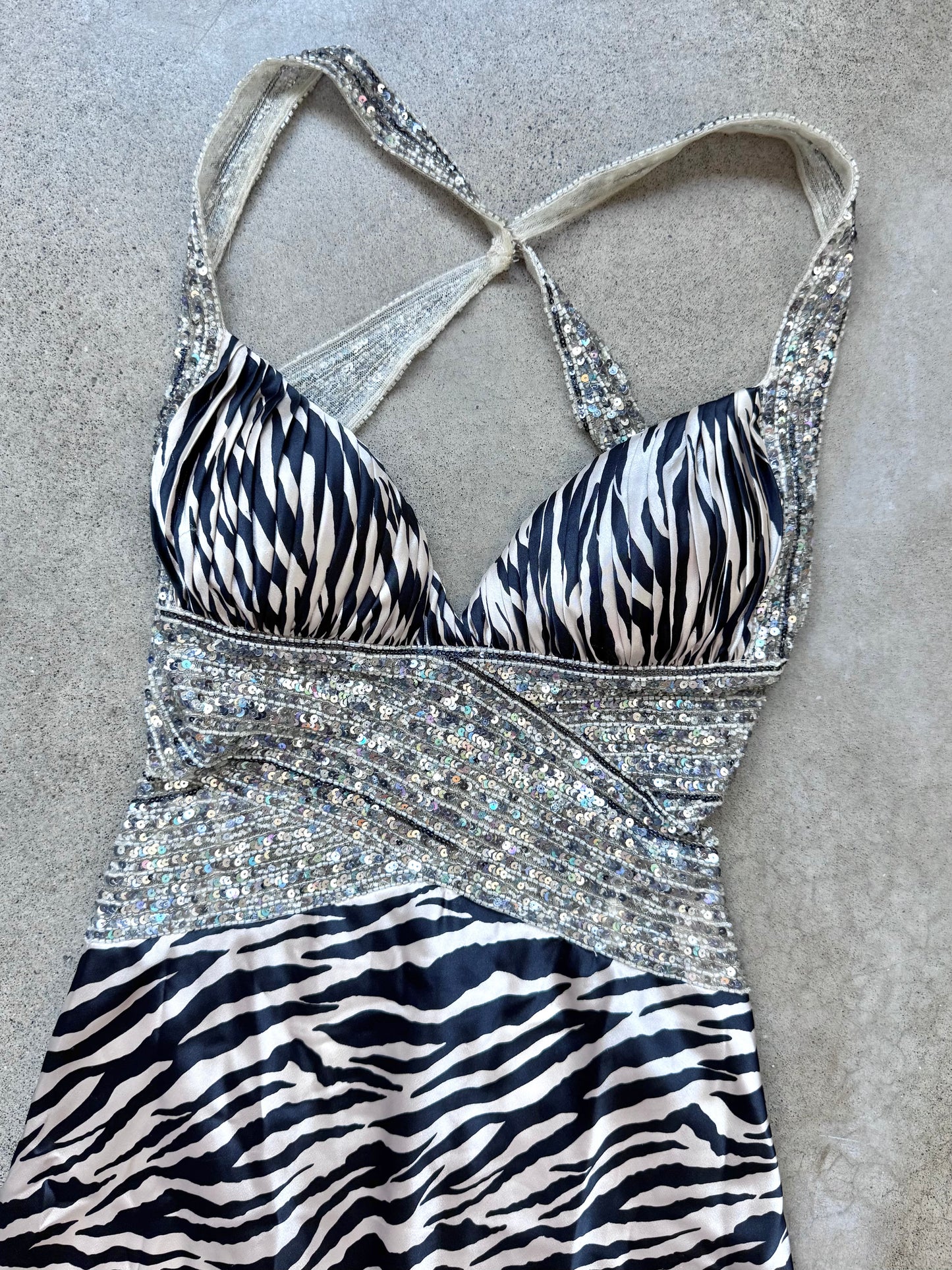 2000s Jovani Satin Zebra Print Sequined Floor Length Formal Dress | Small