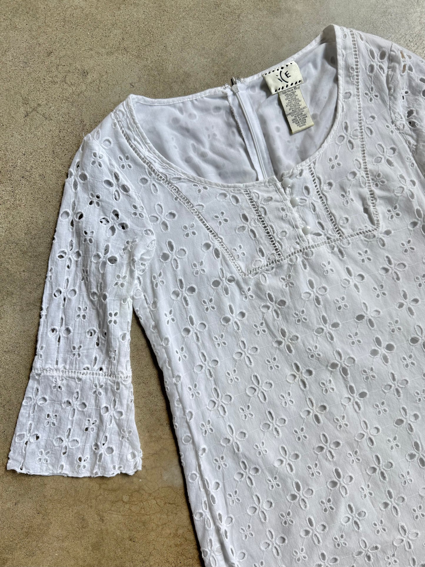 Vintage 1990s ICE White Floral Eyelet Cotton Mini Dress | Medium