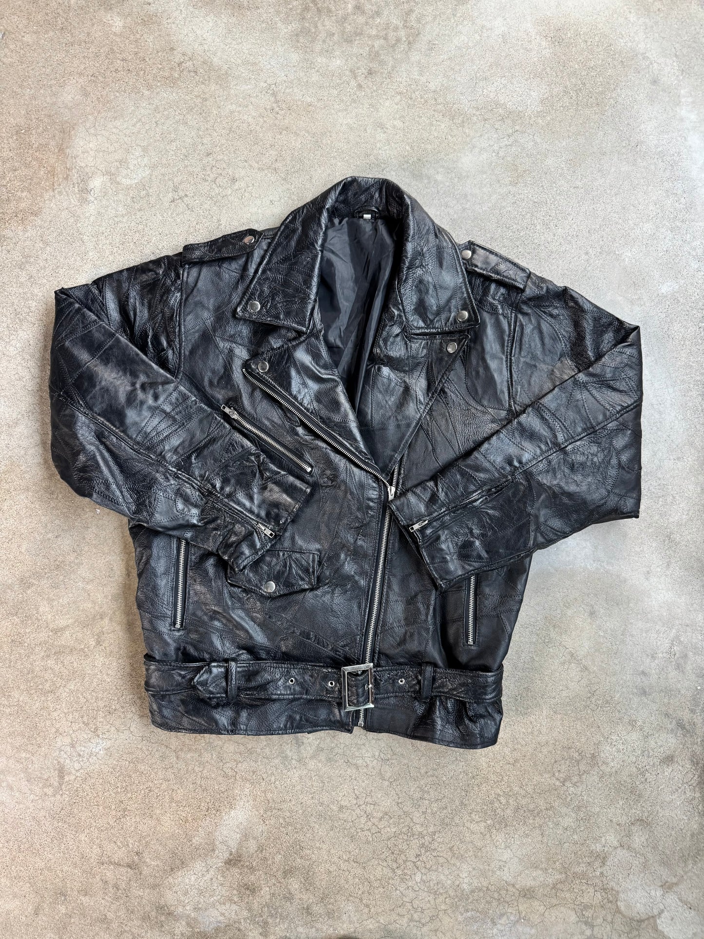 Vintage 1970s Black Leather Patchwork "God Bless America" Biker Jacket | XXL