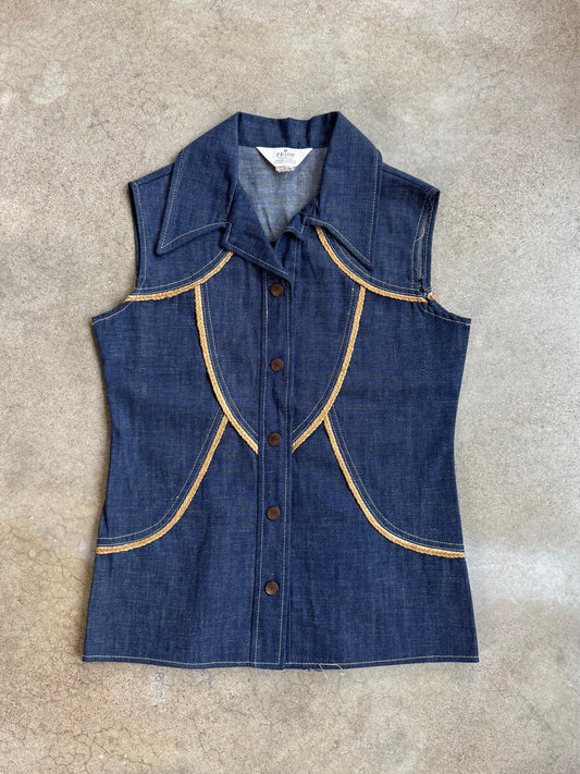 Vintage 1970s Prior Western Braided Trim Denim Vest Top | XS/S