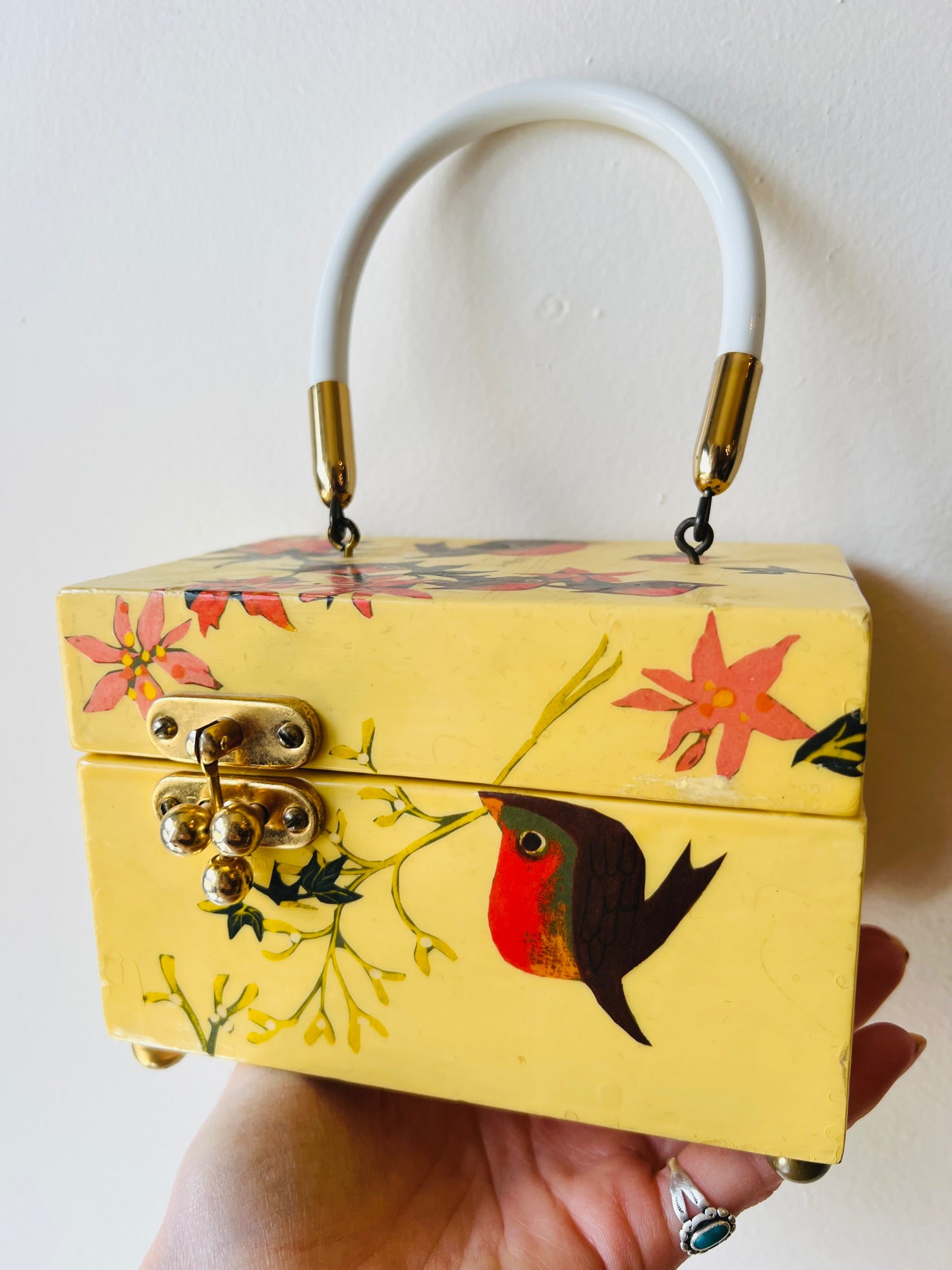 Vintage 1970s Bird Decoupage Wooden Box Purse