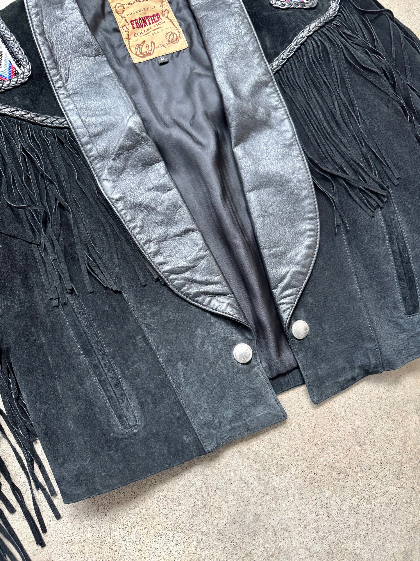 Vintage 1980s Frontier Collection Black Suede Leather Beaded Fringe Western Jacket | Medium