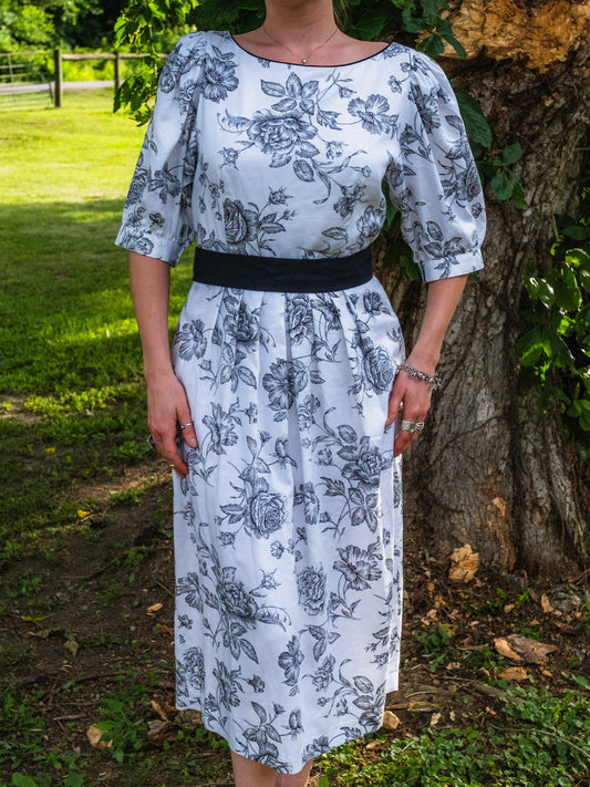 Vintage 1980s Lanz Originals Black & White Floral Puff Sleeve Pleated Midi Dress | M/L