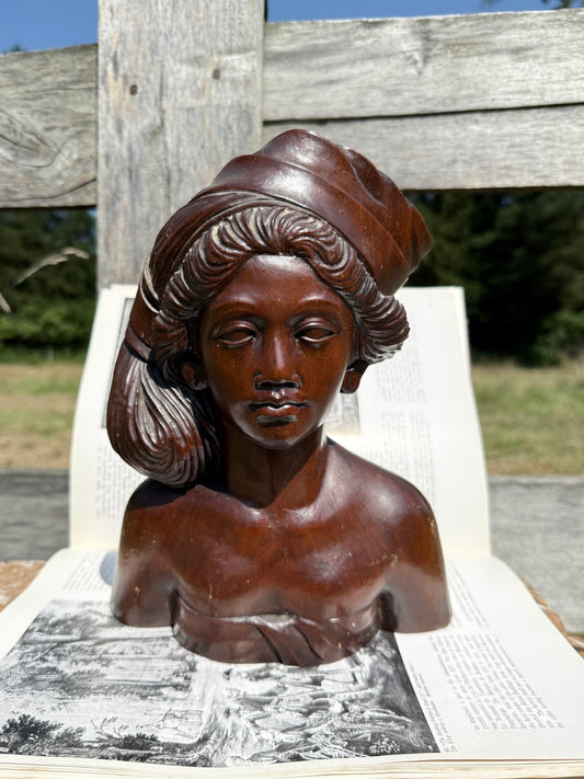 Vintage 1950s Wood Carved Balinese Princess Bust Statue