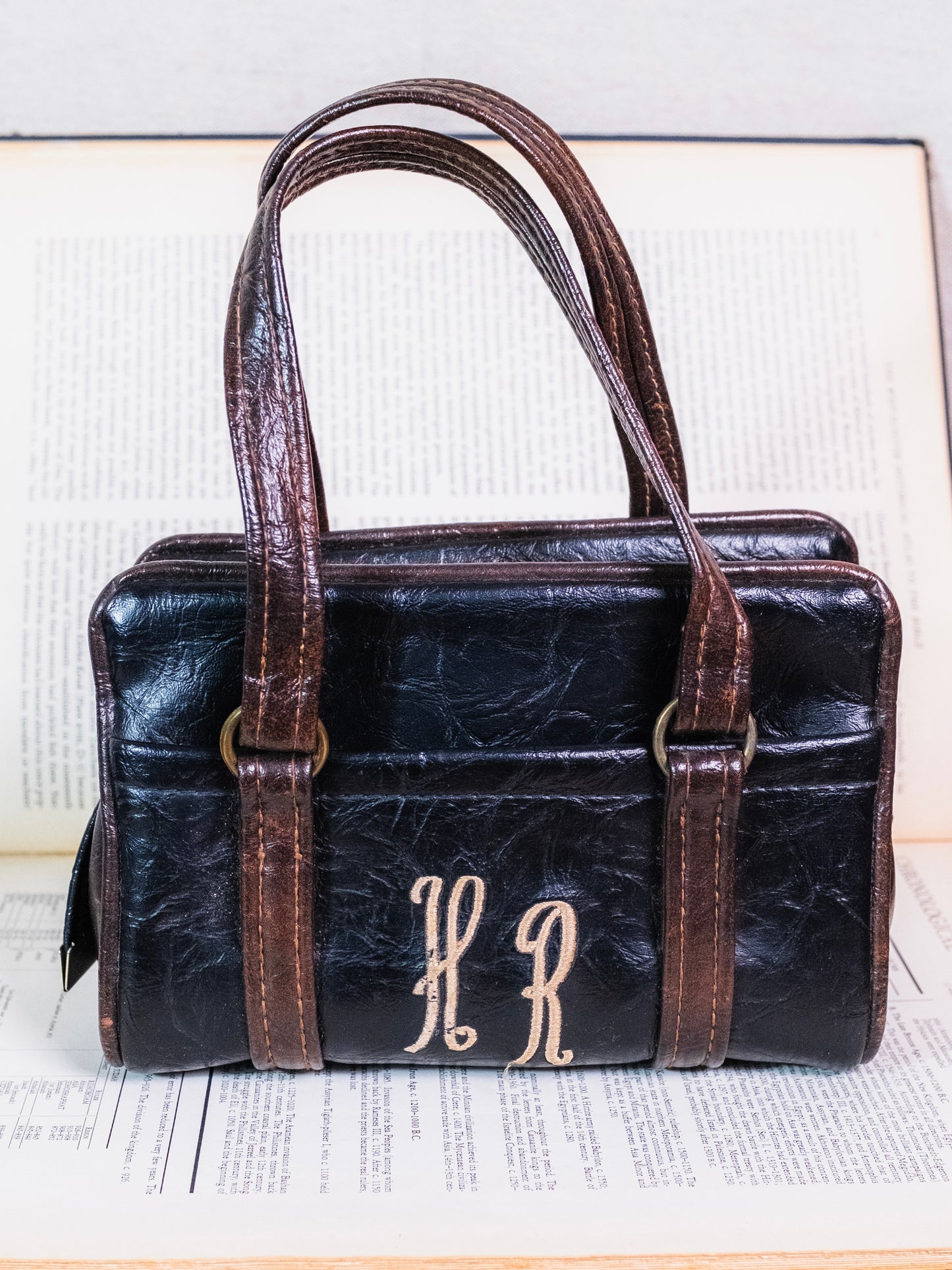 Vintage 1970s Monogrammed Two-Tone Leather Top Handle Purse