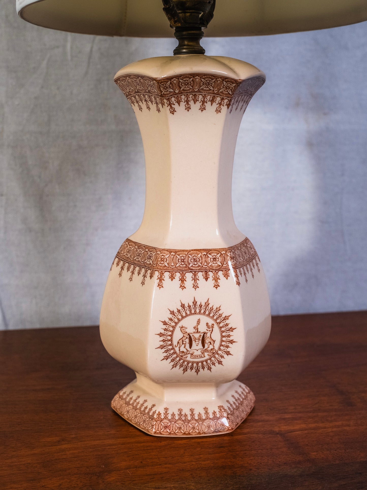 Vintage 1940s "Fideli Certa Merces" Deer Head Crest Ceramic Table Lamp