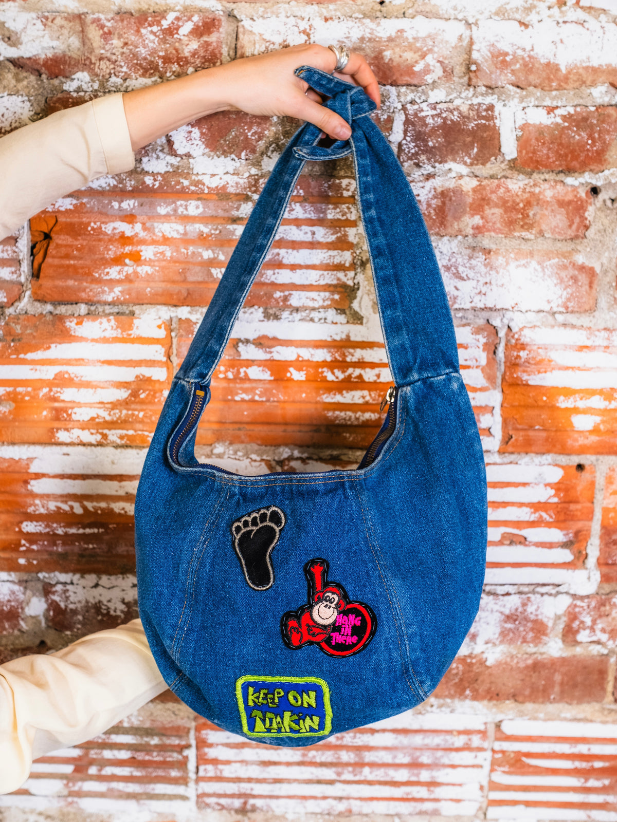 Vintage Patched Denim Hobo Shoulder Bag