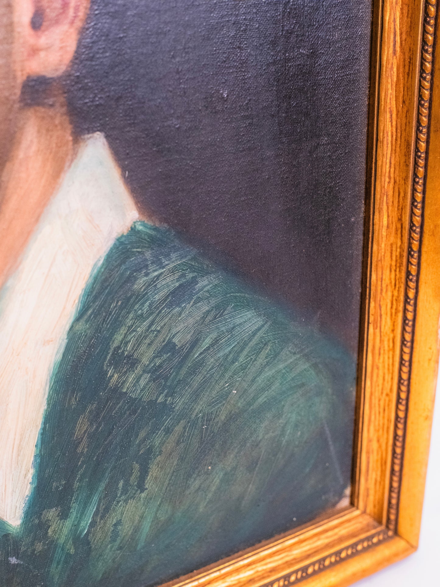 Vintage 1940s Framed "Man in Green" Oil on Canvas Painting