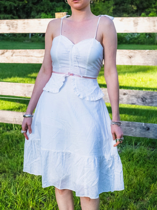 Vintage 1970s White & Pink Floral Embroidered Tie-Strap Prairie Dress | XS/S