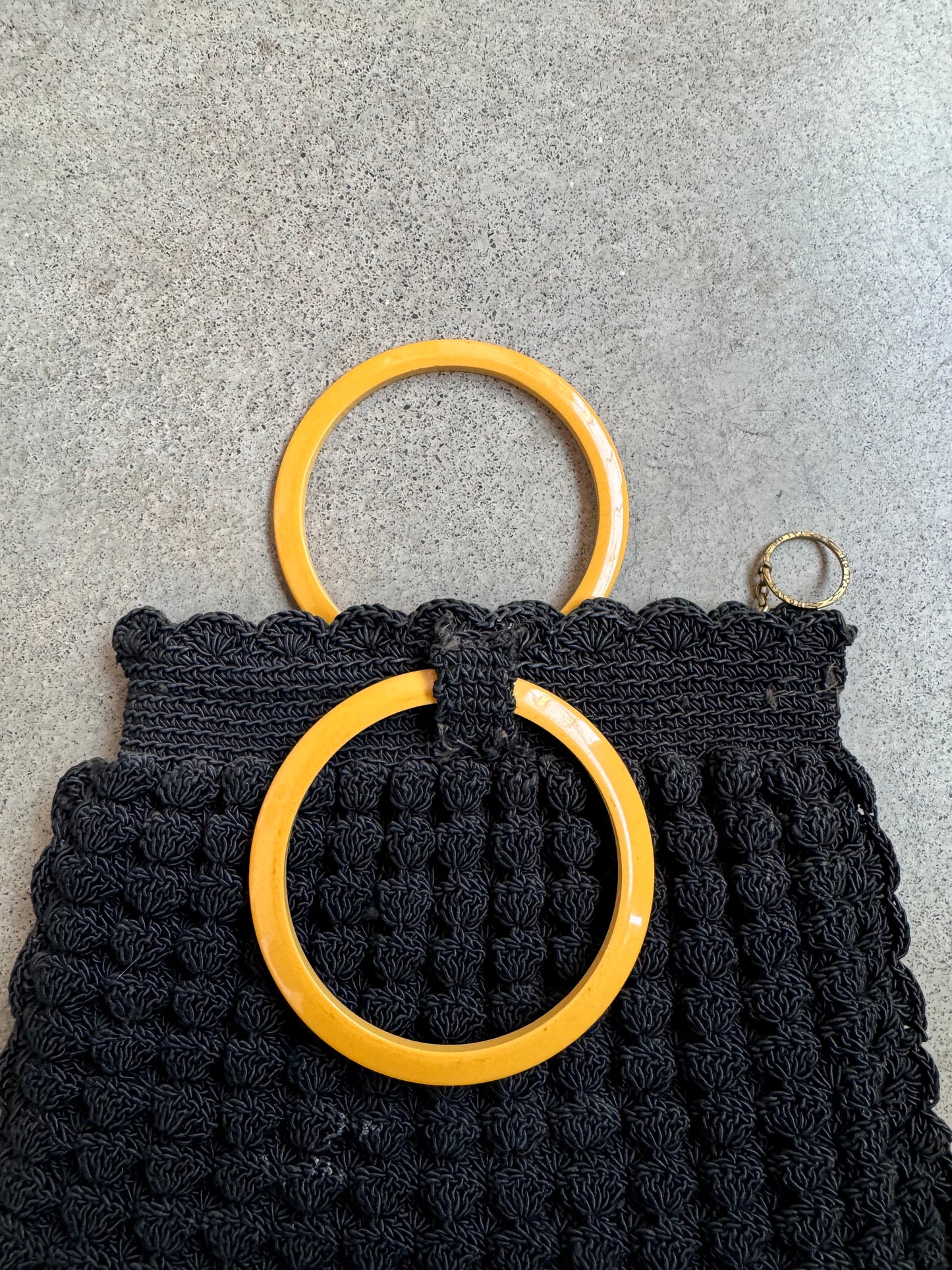 Vintage 1930s Black Crochet Handbag w/ Bakelite Handle