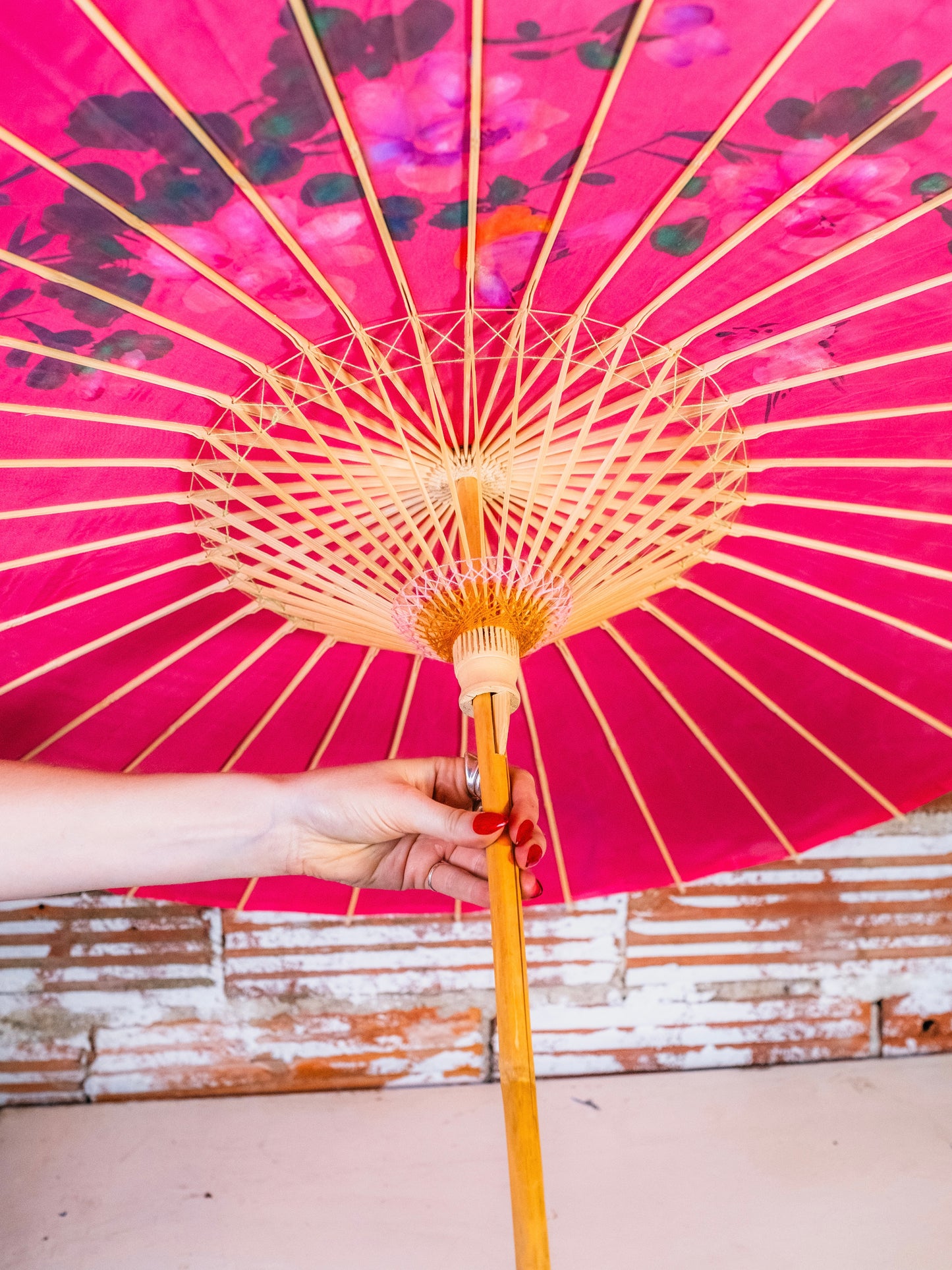 Vintage Asian Bamboo Pink Floral Hand-Painted Parasol