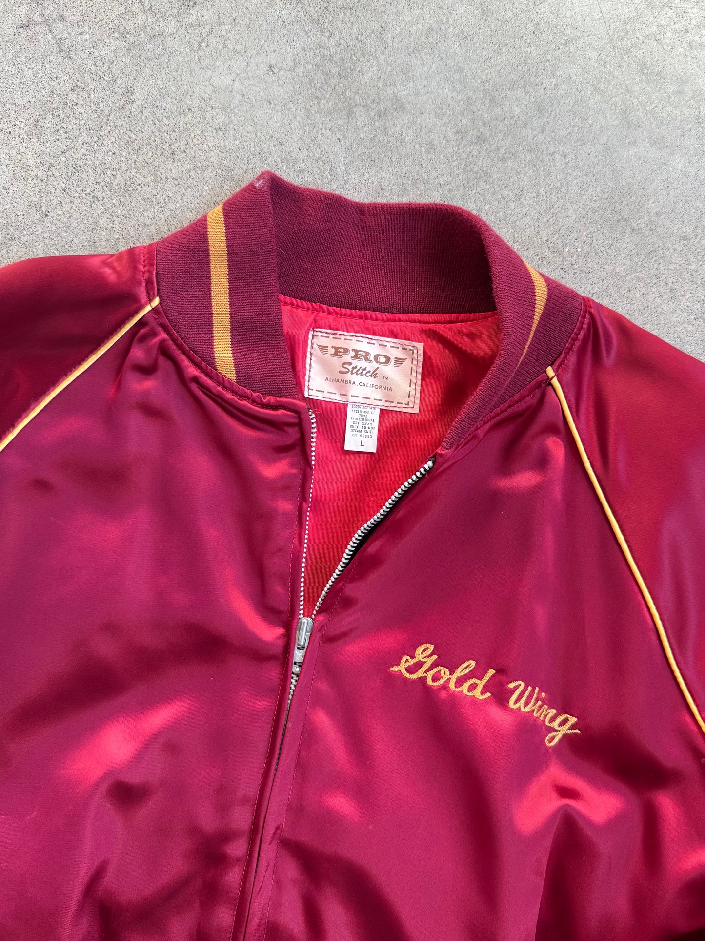 Vintage 1970s Burgundy "Gold Wing" Racing Satin Bomber Jacket | Large