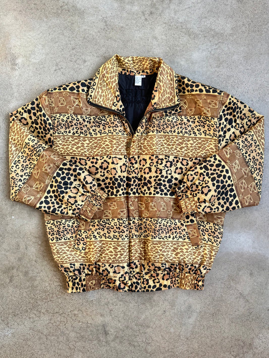 Vintage 1980s FuDa International Animal Print Silk Bomber Jacket | Small