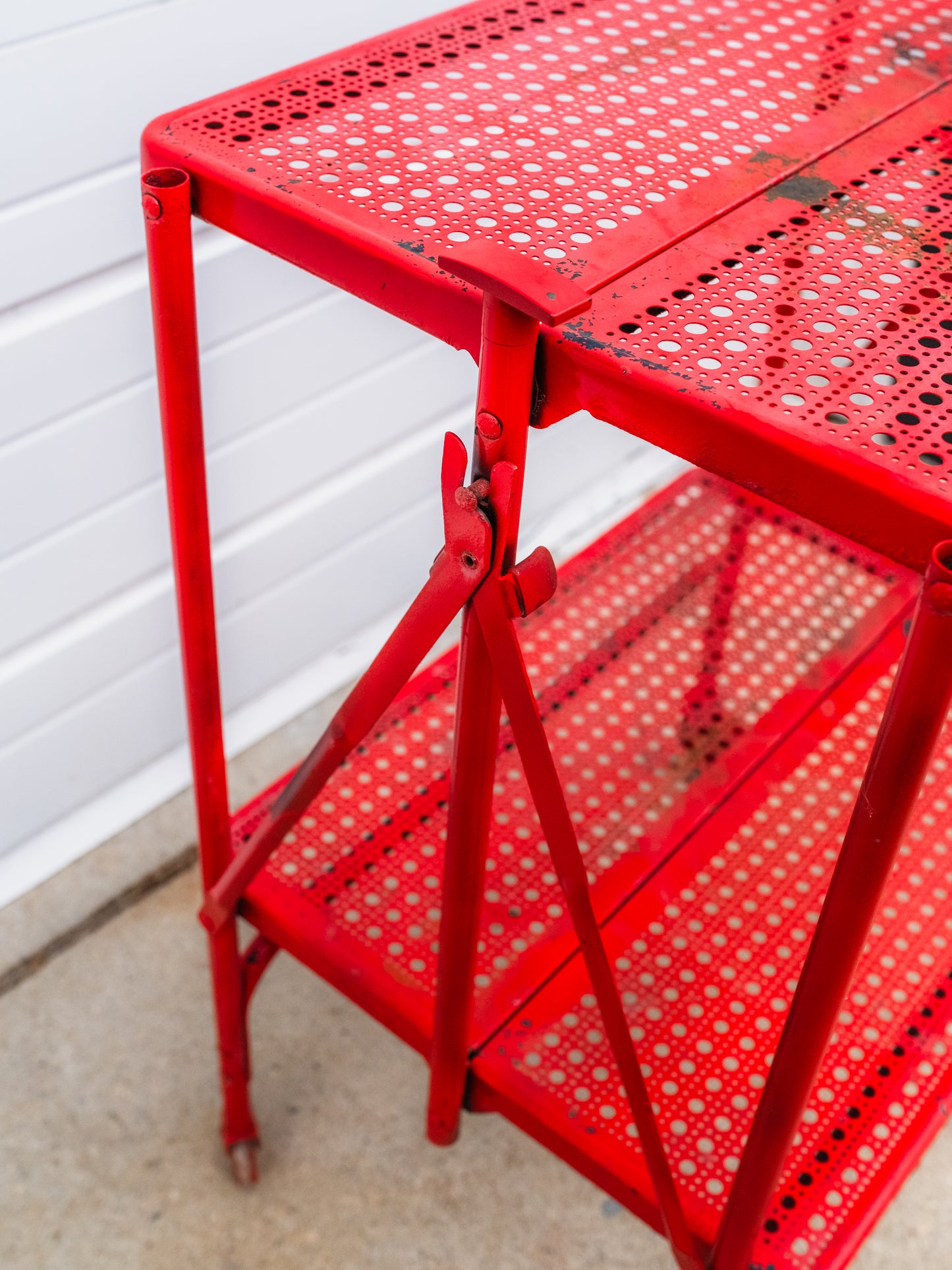 Vintage 1950s Red Distressed Metal Foldable Rolling Bar Cart
