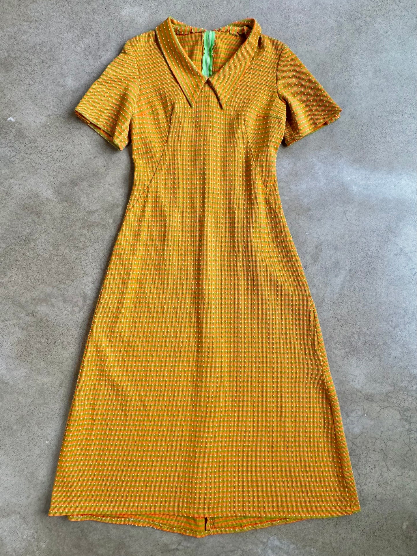 Vintage 1960s Handmade Orange & Green Striped Collared Midi Dress | Small