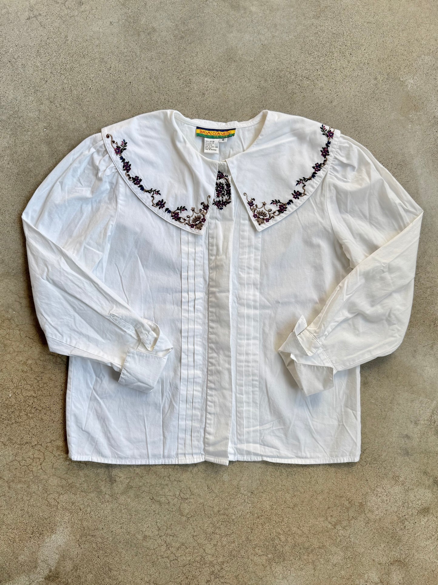 Vintage 1990s Bryn Connelly White Floral Embroidered Cotton Blouse | Medium