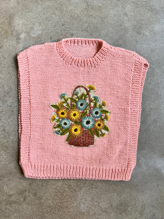 Vintage Handmade Crewel-Embroidered Flower Basket Pink Sweater Vest | S/M