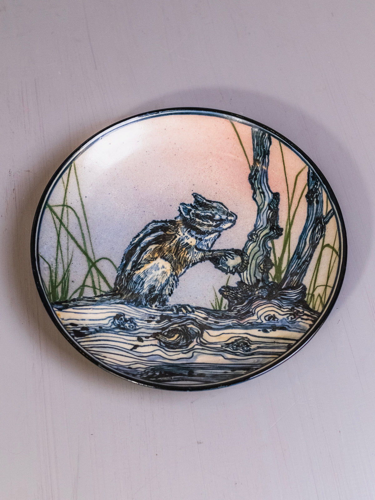 Vintage Studio Pottery Hand-Illustrated “Chipmunk on Log” Ceramic Plate