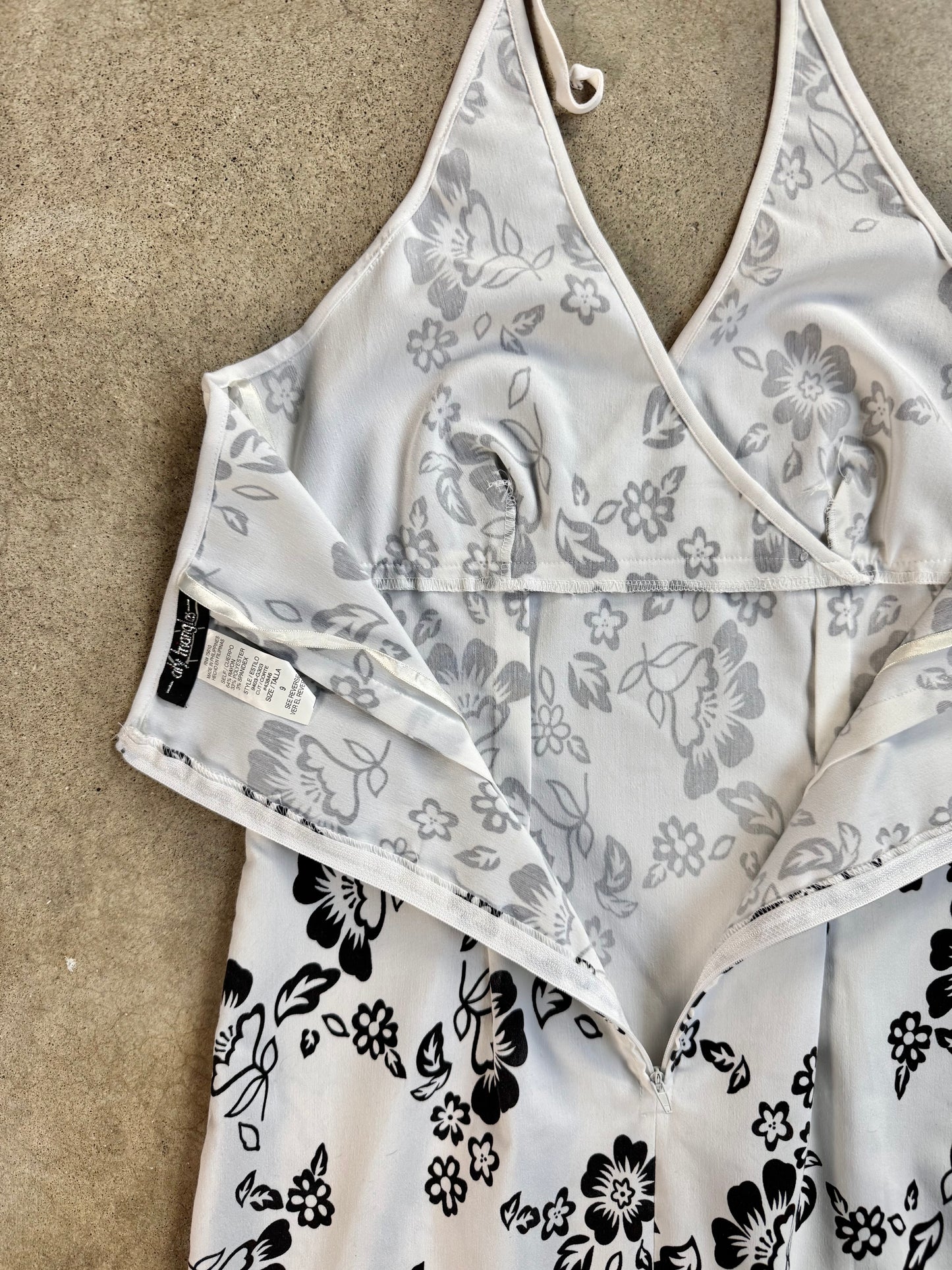 Vintage 1990s City Triangles Black & White Floral Halter Dress | S/M