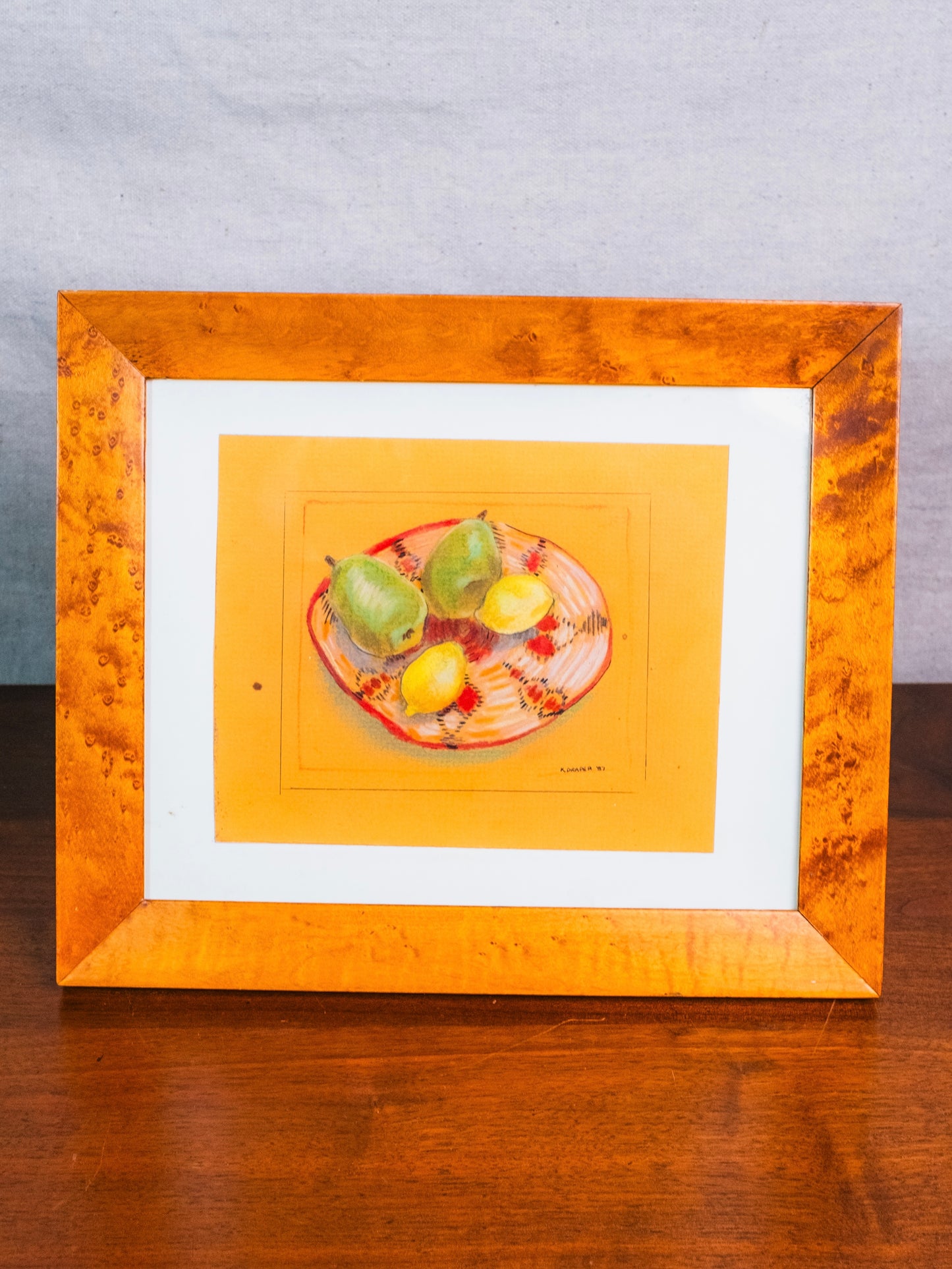 Vintage 1987 Framed "Bowl of Fruit" Southwestern Oil Pastel Drawing | Signed