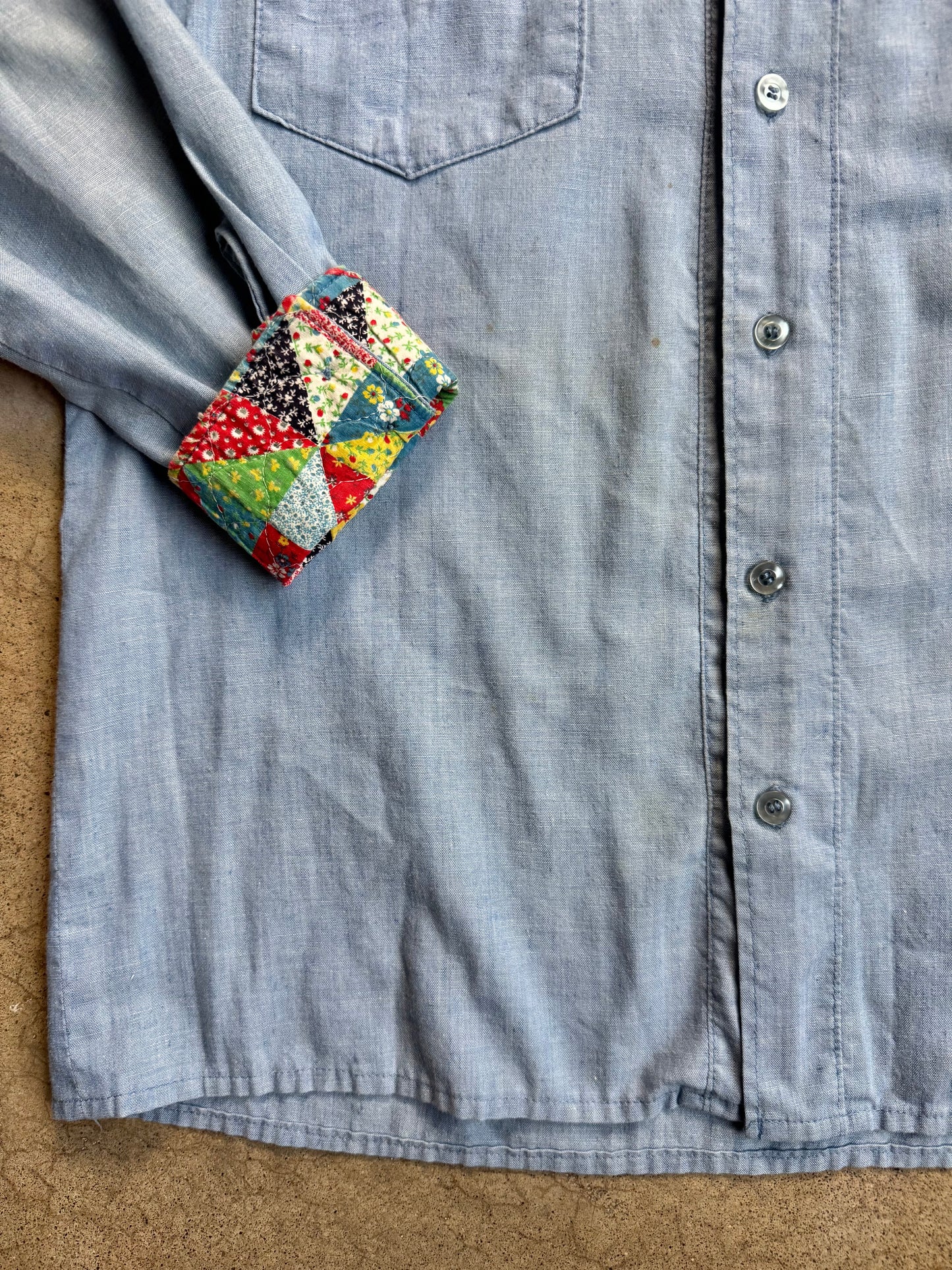 Vintage 1960s Handmade Quilted Patchwork Chambray Button-Up Shirt | Medium