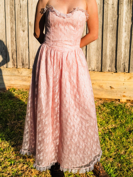 Vintage 1980s Pink Floral Lace Strapless Prom Dress | Small