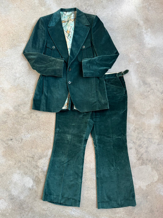 Vintage 1970s Ratner Green Velvet Two-Piece Suit | L/XL